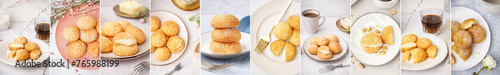 Collage of tasty choux pastry on light table photo