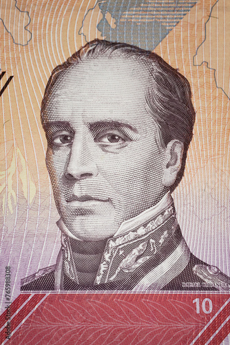 Portrait of General and Venezuelan Minister of Defense Rafael Urdaneta on Venezuela Bolivar currency banknote (focus on center)