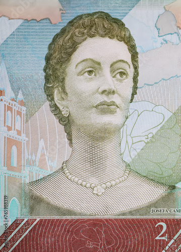 Portrait of heroine of the Venezuelan War of Independence Josefa Camejo on Bolivar currency banknote (focus on center) photo