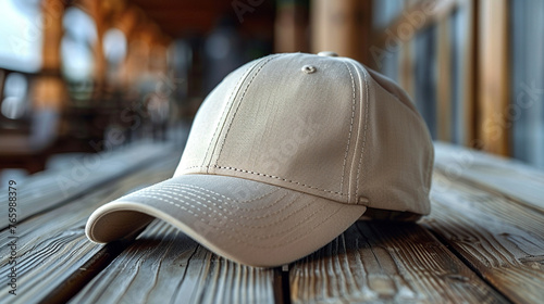 Beige baseball cap mockup with blurred background.