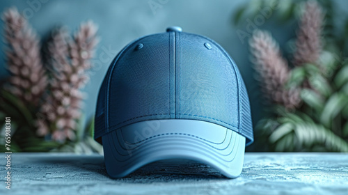 Sport cap mockup in light blue color with blurred background.