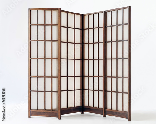 Room divider screen  with wooden doors and glass panels.