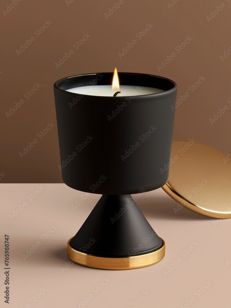 A scented candle in a black ceramic cup in a futuristic geometric shape with gold detail. Black and gold minimalist style candle with three-dimensional surface. A scented candle in a black ceramic cup in a futuristic geometric shape with gold detail. Black and gold minimalist style candle with three-dimensional surface.