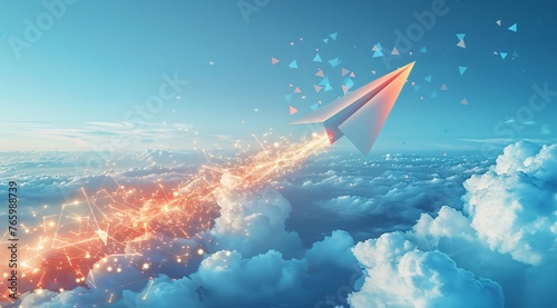 paper plan in the sky, An artistic representation of a stock market boom, with paper planes shaped like arrows flying upwards, against a cloud-filled sky background.