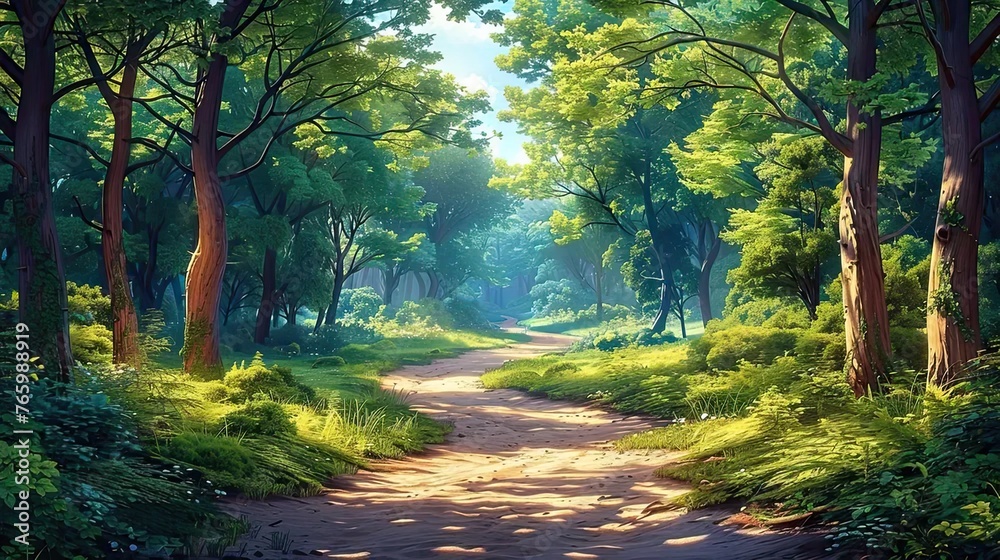 Fototapeta premium a painting of a dirt road surrounded by trees