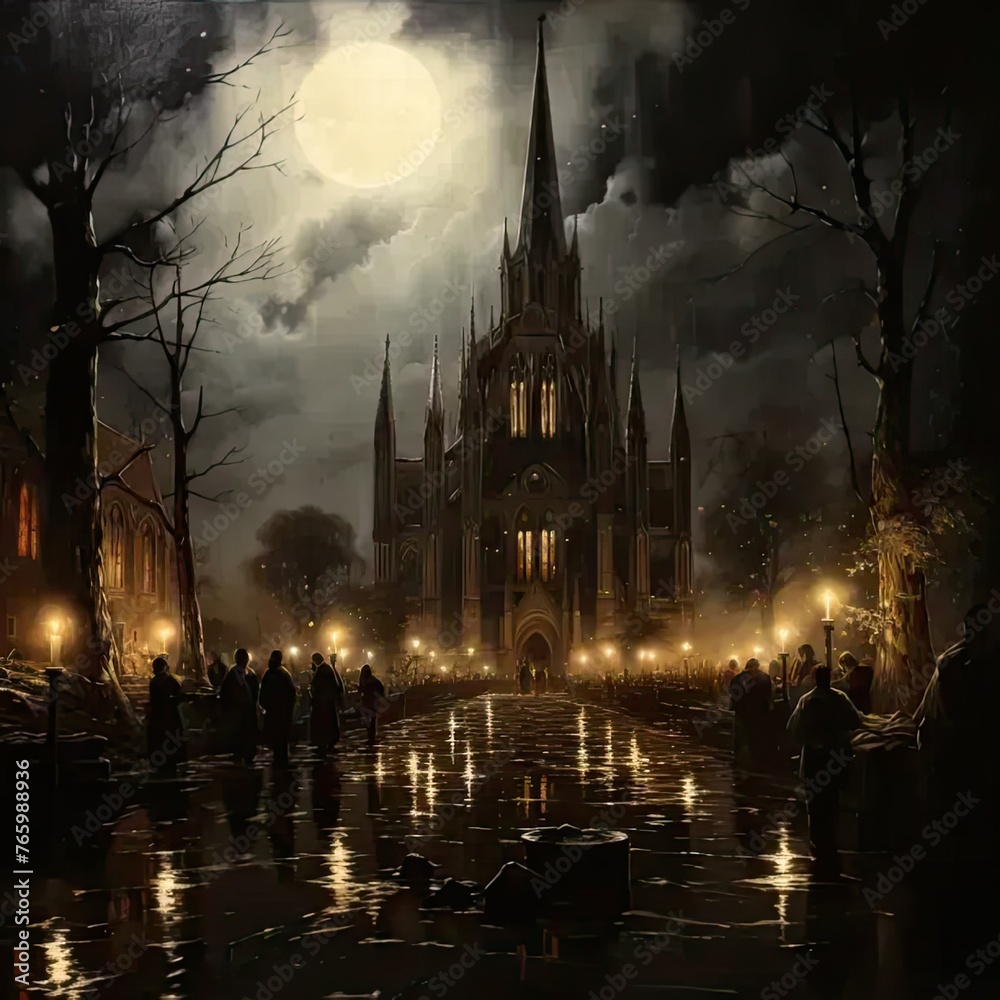 a painting of a gothic church at night