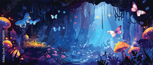 A mysterious magical cave with flying butterflies