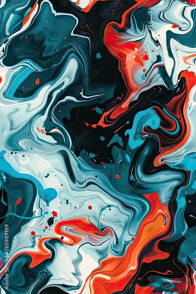 an abstract painting with red, blue, and black colors