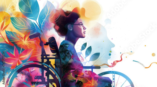 Side profile of a woman wearing glasses in a wheelchair, overlaid with vibrant, abstract art elements