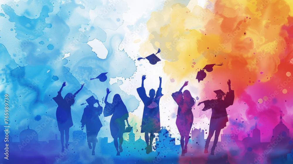 Silhouetted figures of graduates throwing their caps in the air, celebrating against a vibrant, multicolored watercolor backdrop