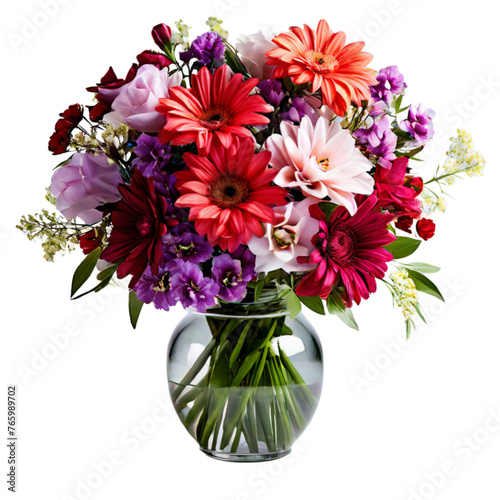bouquet of flowers in a transparent vase decoration planted in a ceramic glass pot image	
