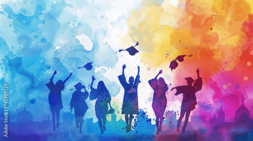 Silhouetted figures of graduates throwing their caps in the air, celebrating against a vibrant, multicolored watercolor backdrop