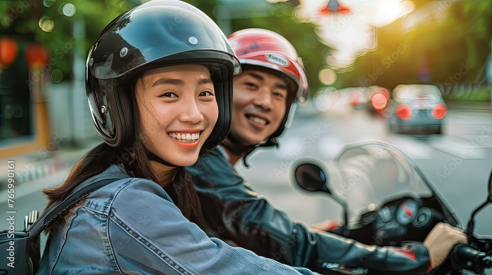 Portrait of happy young couple on scooter enjoying road trip Portrait of happy young couple on scooter enjoying road trip
