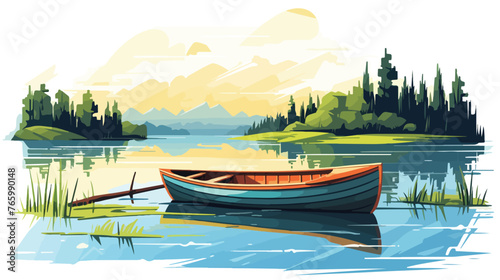 A peaceful riverside with a wooden rowboat