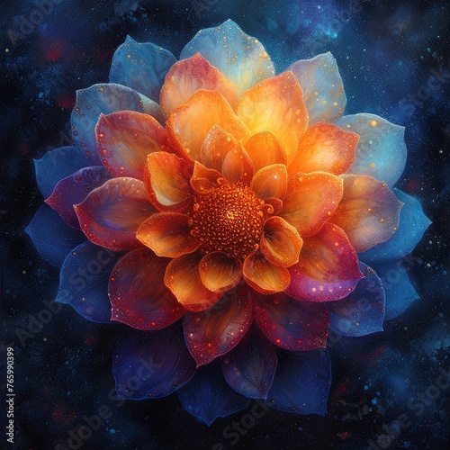 Colorful flower adorned with sparkling star water droplets, showcasing natures beauty