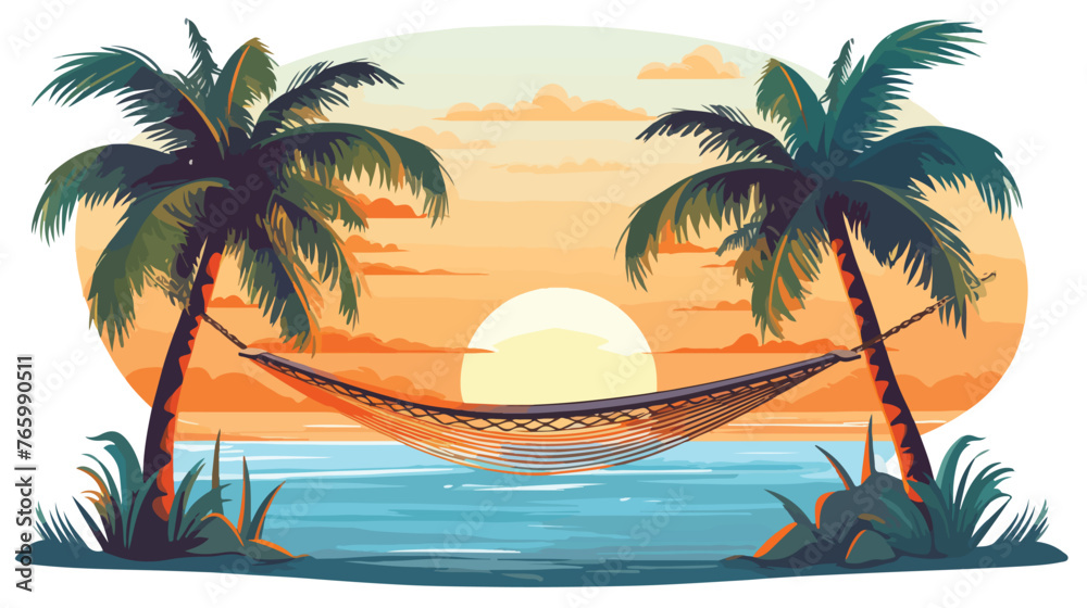 A serene beach with palm trees and a hammock