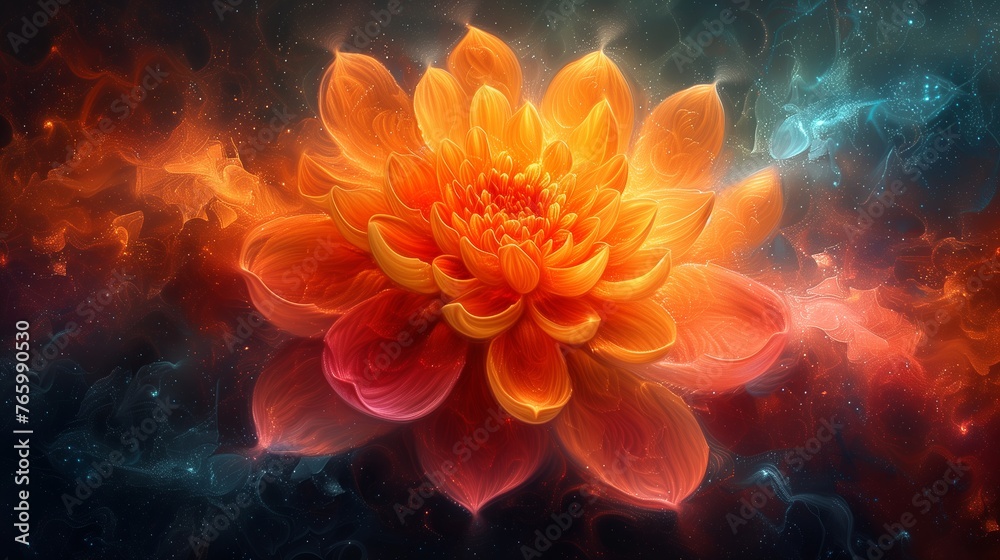 Fototapeta premium Vibrant orange flower stands out against a stark black background