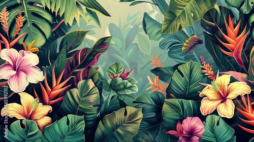 Tropical background. Exotic Landscape, Hand Drawn Design. Luxury Wall Mural. Leaf and Flowers Wallpaper.