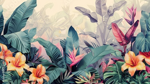 Tropical background. Exotic Landscape  Hand Drawn Design. Luxury Wall Mural. Leaf and Flowers Wallpaper.