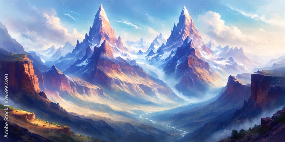 A beautiful illustration of a mountain range with a valley between the mountains. The mountains are covered in snow. The scene is breathtaking and captures the majestic beauty of the landscape. - obrazy, fototapety, plakaty 