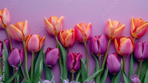 Top view of vibrant tulips on pink pastel background. Copy space for Ad