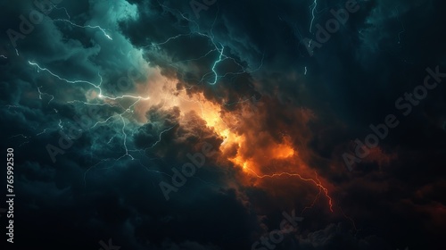 The dramatic scene captures a lightning thunderstorm flashing across the night sky, illuminating the darkness with its powerful bolts of electricity