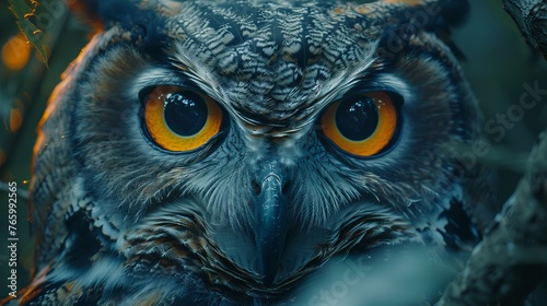 Detail close-up owl with big yellow eyes in a forest at night