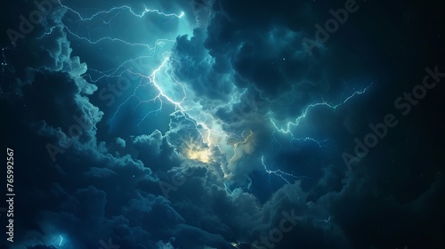 The dramatic scene captures a lightning thunderstorm flashing across the night sky, illuminating the darkness with its powerful bolts of electricity