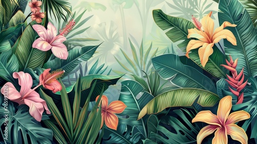 Tropical background. Exotic Landscape  Hand Drawn Design. Luxury Wall Mural. Leaf and Flowers Wallpaper.