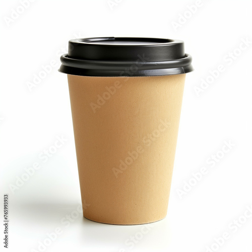 Isolated Brown Paper Coffee Cup with Black Lid on White Background