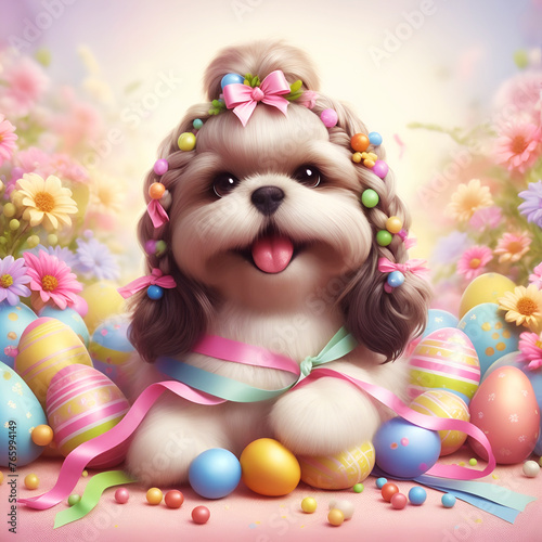 Shih Tsu puppy dog and pastel ribbon among Easter eggs and spring flowers, a smiling baby doggy in holiday, Wall Art for Home Decor, Wallpaper and Background for Cell Phone, Smartphone, Cellphone