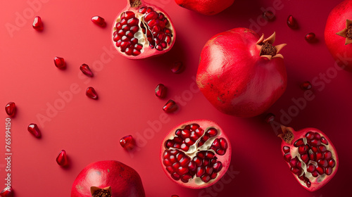 Whole Pomegranate on Slices on Red Background with Scattered Seeds