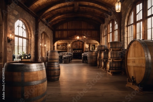 vintage winery with wooden wine barrels in warehouse