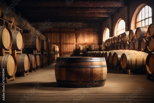 vintage winery with wooden wine barrels in warehouse