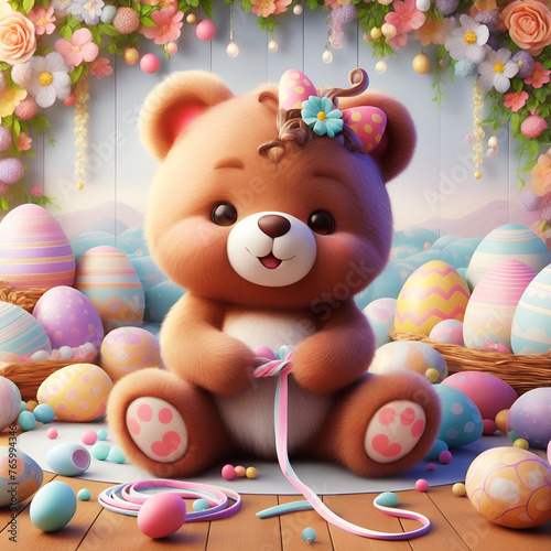 A baby bear and pastel ribbon among Easter eggs and spring flowers, Wall Art for Home Decor, Wallpaper and Background for Cell Phone, Smartphone, Cellphone