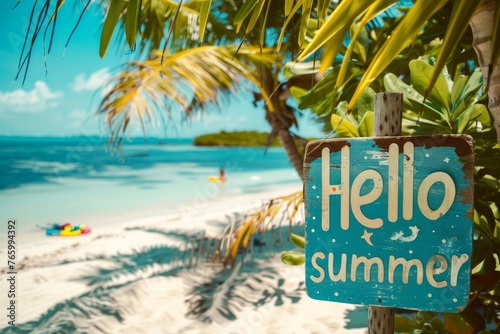 Text Hello summer vacations postcard with tropical beach © Uliana