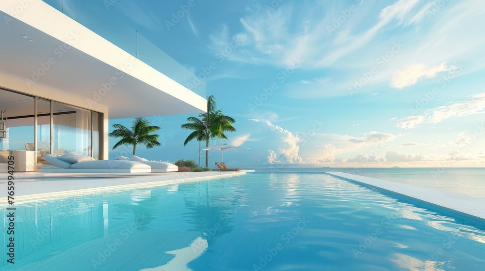 Fototapeta premium Seascape from an expensive hotel. A white modern hotel with a clean swimming pool