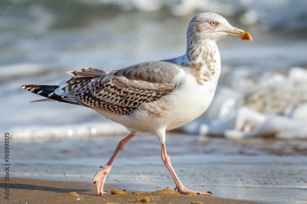 close-up of a seagull walking on the beach, beautiful seascape close-up of a seagull walking on the beach, beautiful seascape