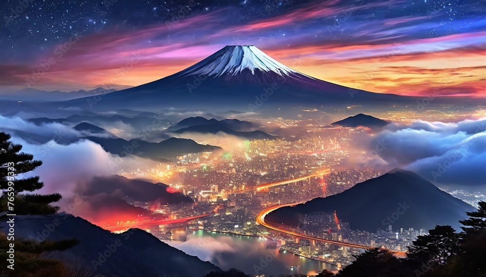 美しい街明かりと富士山