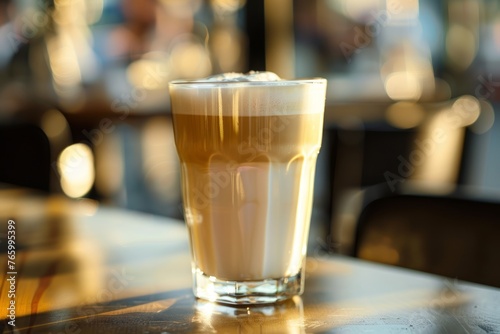 Glass of latte macchiato on a table at a cafe