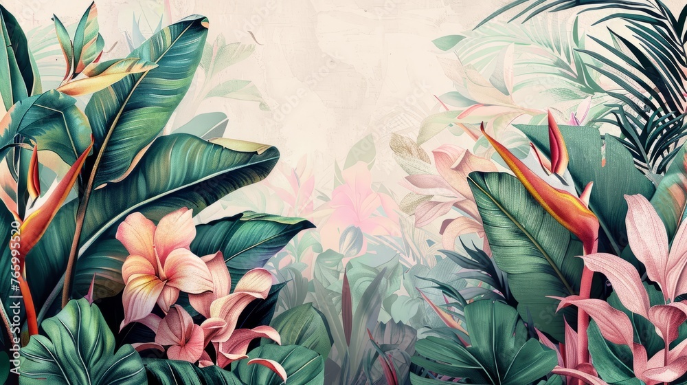 Tropical background. Exotic Landscape, Hand Drawn Design. Luxury Wall Mural. Leaf and Flowers Wallpaper.