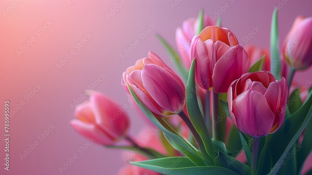 Top view of vibrant tulips on pink pastel background. Copy space for Ad Top view of vibrant tulips on pink pastel background. Copy space for Ad