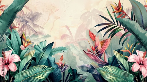 Tropical background. Exotic Landscape, Hand Drawn Design. Luxury Wall Mural. Leaf and Flowers Wallpaper. © Fatih