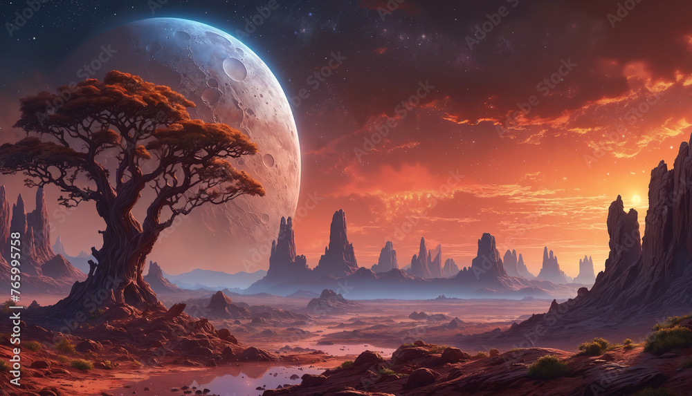 A desert alien landscape with a tree, a moon and a cloudy sky. The scene is set against a backdrop of mountains, creating a striking and otherworldly atmosphere.