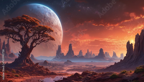 A desert alien landscape with a tree, a moon and a cloudy sky. The scene is set against a backdrop of mountains, creating a striking and otherworldly atmosphere.