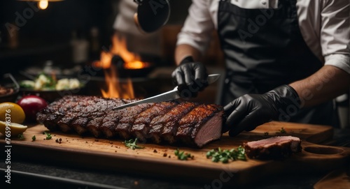 chef with gloves cook smoked pork ribs grilled in restaurant kitchen