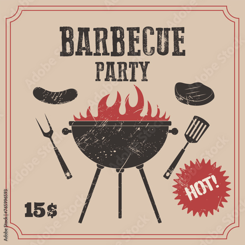 Retro barbecue poster. BBQ party invitation design template with grunge texture. Vector illustration