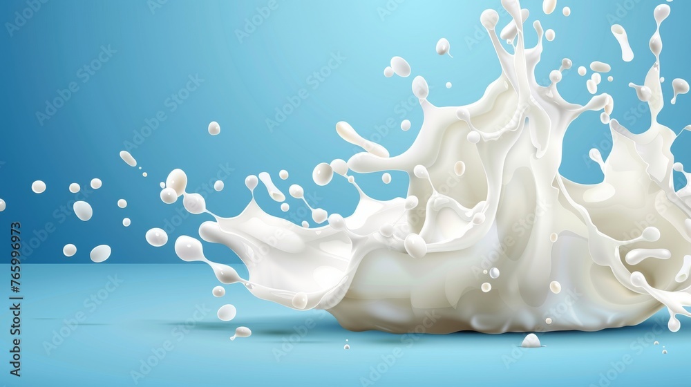 Stunning high definition milk splash frozen in time against a vibrant blue background - obrazy, fototapety, plakaty 