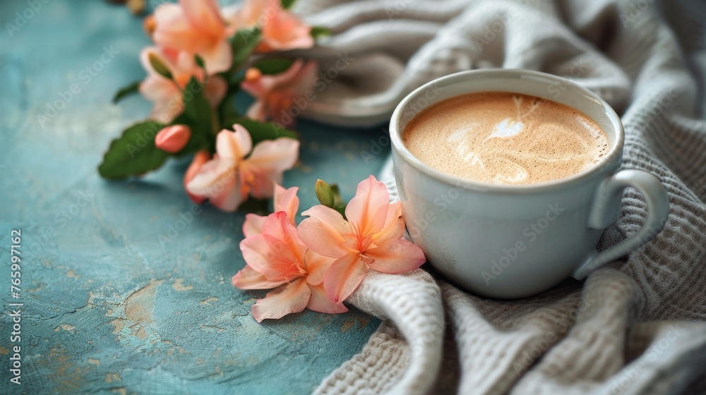 A magical cup of coffee or tea with beautiful flowers. 