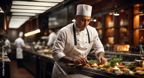 Gourmet chef in uniform cooking in luxury restaurant kitchen preparing food